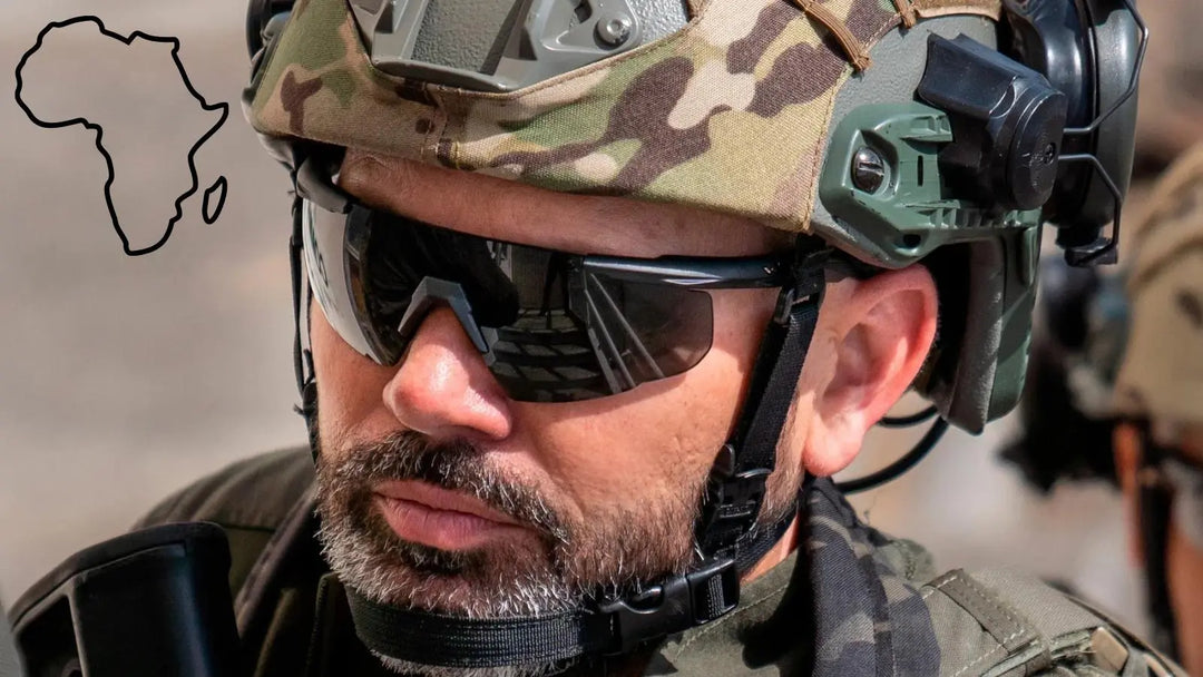 Tactical eyewear worn by security operator during professional field operations in Africa