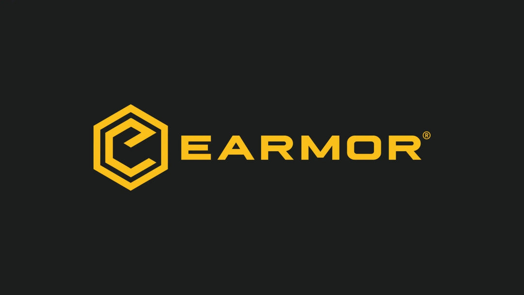 EARMOR brand logo in yellow on a dark background, representing EARMOR tactical hearing protection equipment