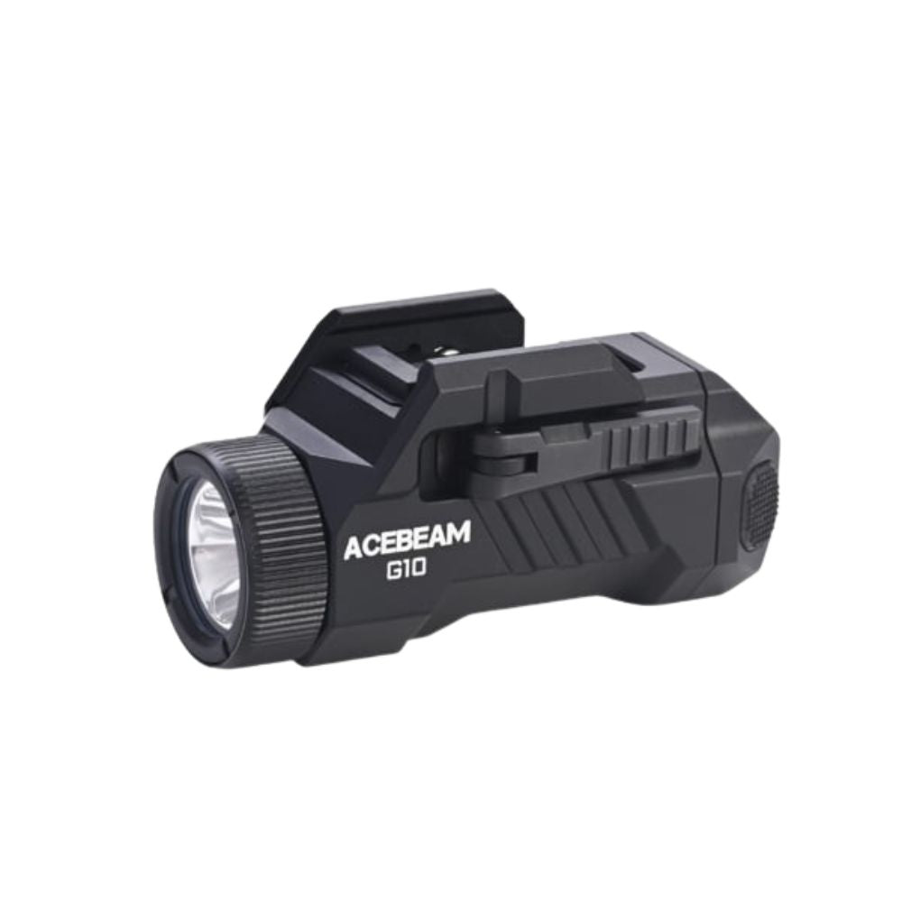 Acebeam G10 black compact weapon-mounted light, angled side view with rail mount.