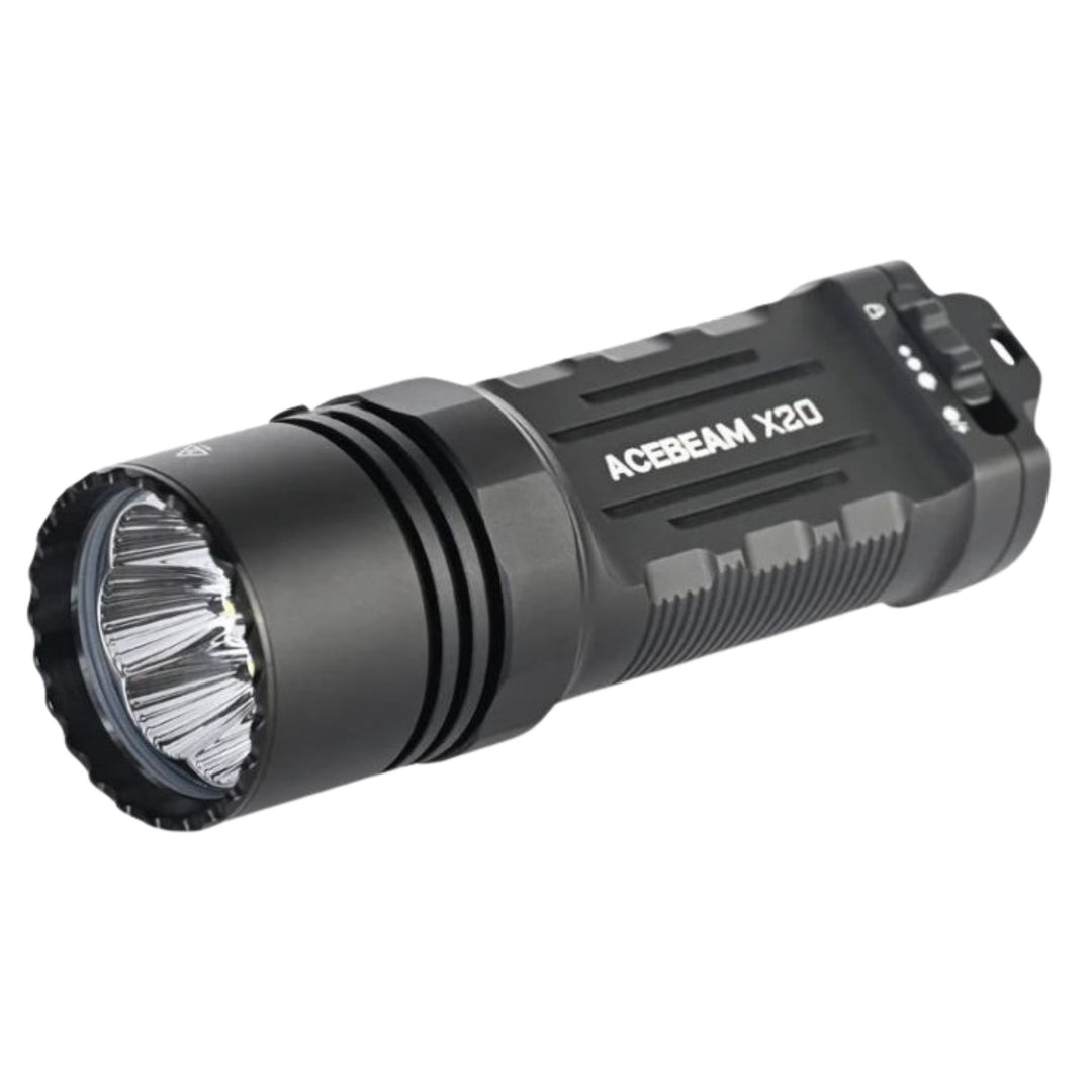 Acebeam X20 10000 lumen tactical searchlight front angle view