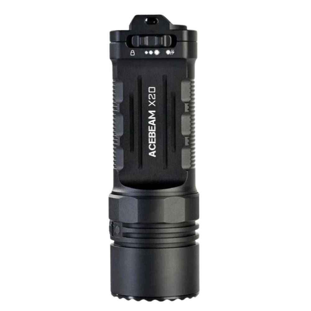 Acebeam X20 tactical torch top view showing mode toggle switch