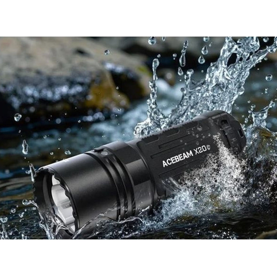 Acebeam X20 waterproof searchlight IP68 submerged in water