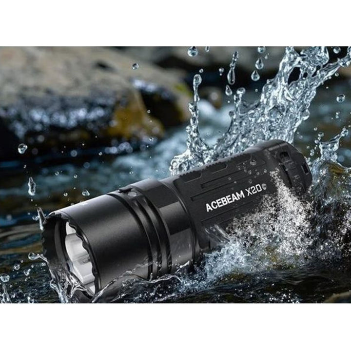 Acebeam X20 waterproof searchlight IP68 submerged in water
