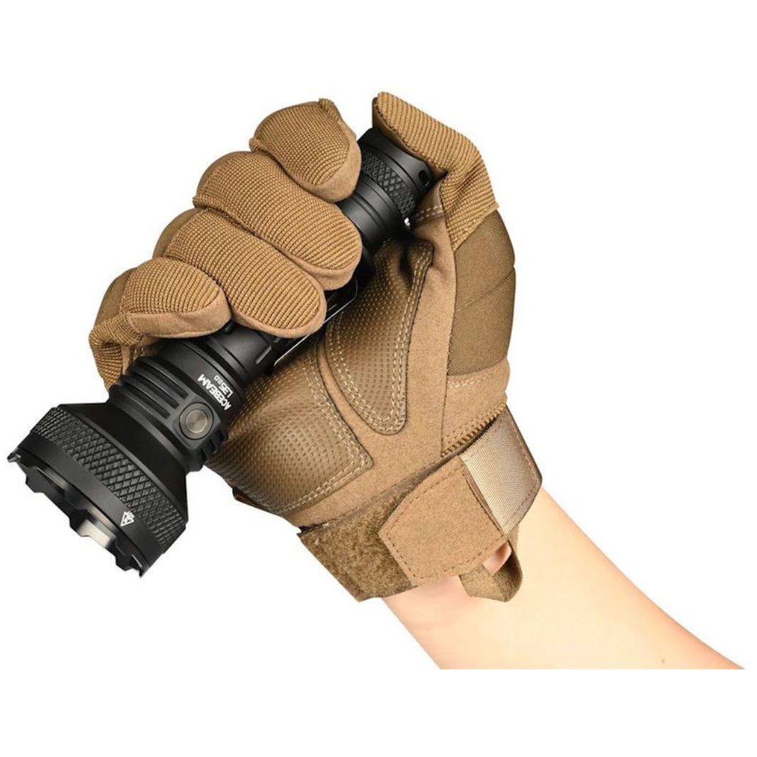 Acebeam L35 2.0 LED Flashlight being held with tactical gloves, showing ergonomic grip and build