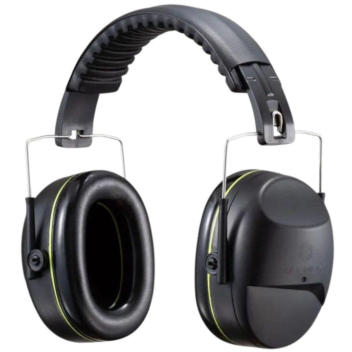 Side view of Earmor M06A black passive earmuffs with neon-lime stripe and ribbed headband, ear cup open.