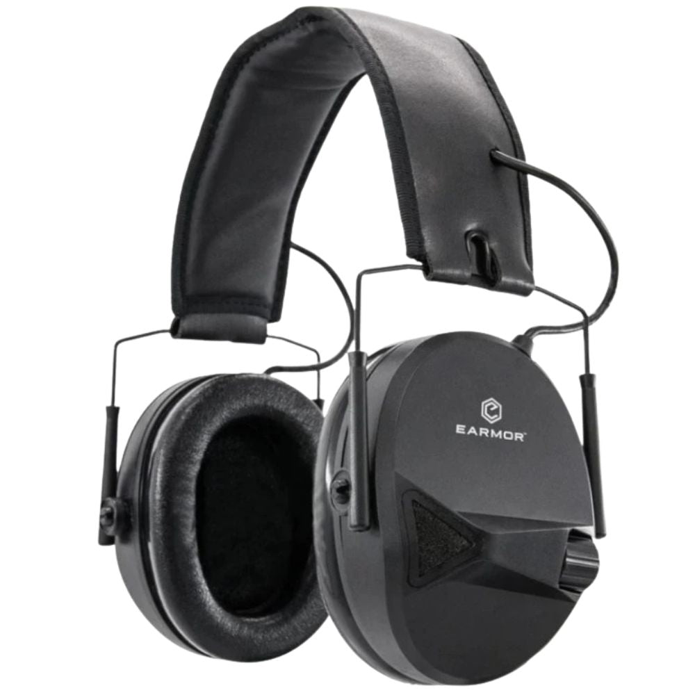 Earmor M30 black electronic hearing protection headset, front angled view showing ear cups and headband.