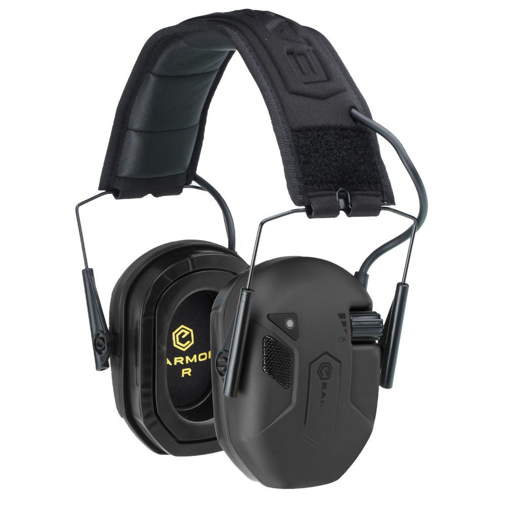 Earmor M300T black tactical hearing protection headset, front angled view showing ear cups and headband.
