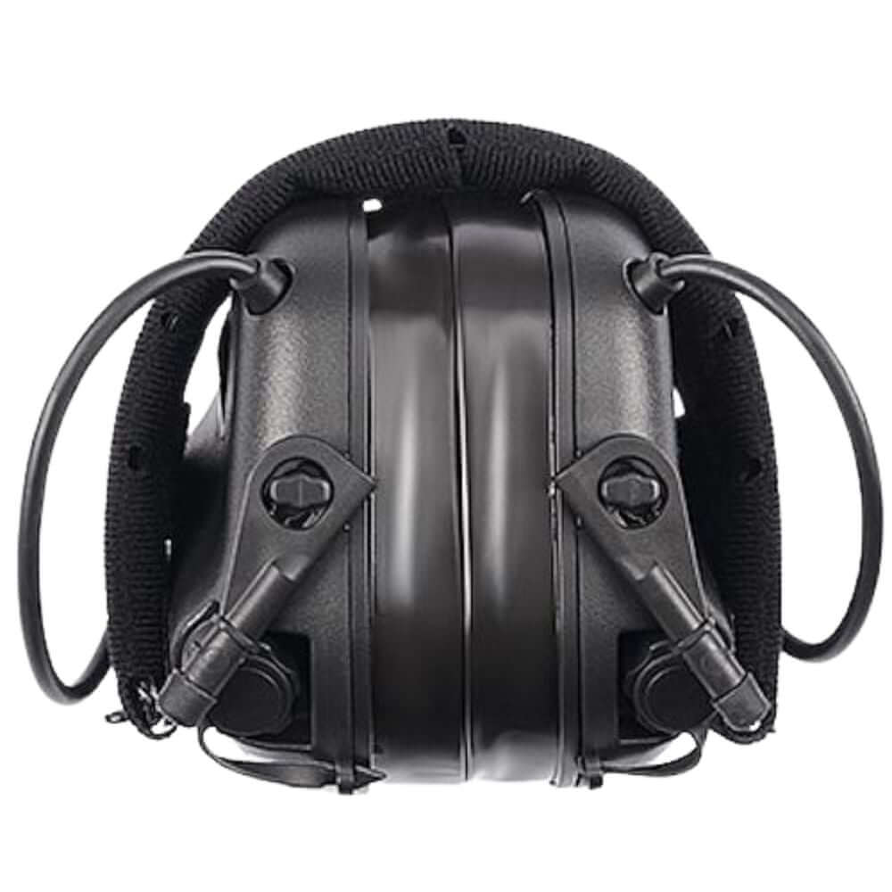 Folded Earmor M31 Plus Black headset showing compact earcup design and reinforced metal frame.