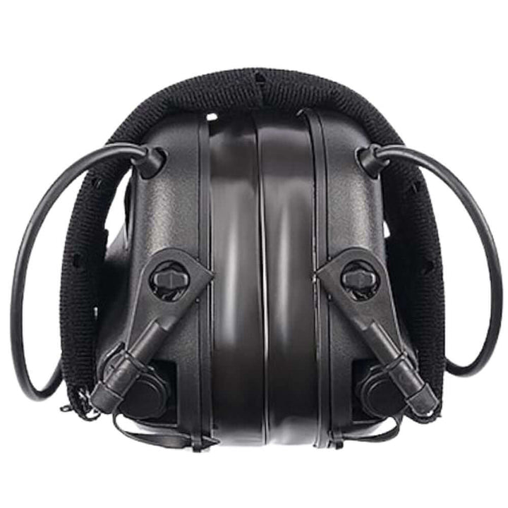 Folded Earmor M31 Plus Black headset showing compact earcup design and reinforced metal frame.