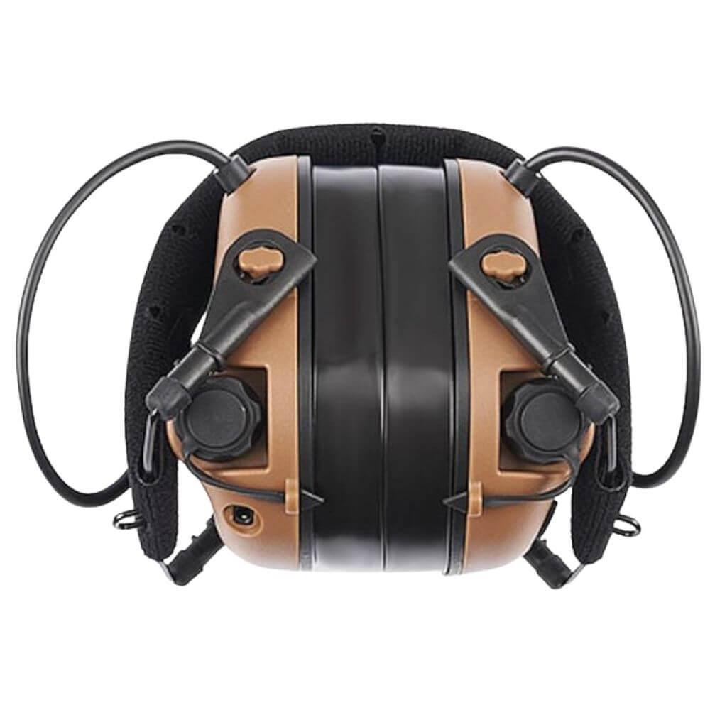 Earmor M31 Plus digital noise-cancelling headset in Coyote Brown folded for compact storage, top view.