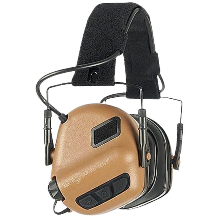 Earmor M31 Plus digital noise-cancelling headset in Coyote Brown shown from side angle with headband.