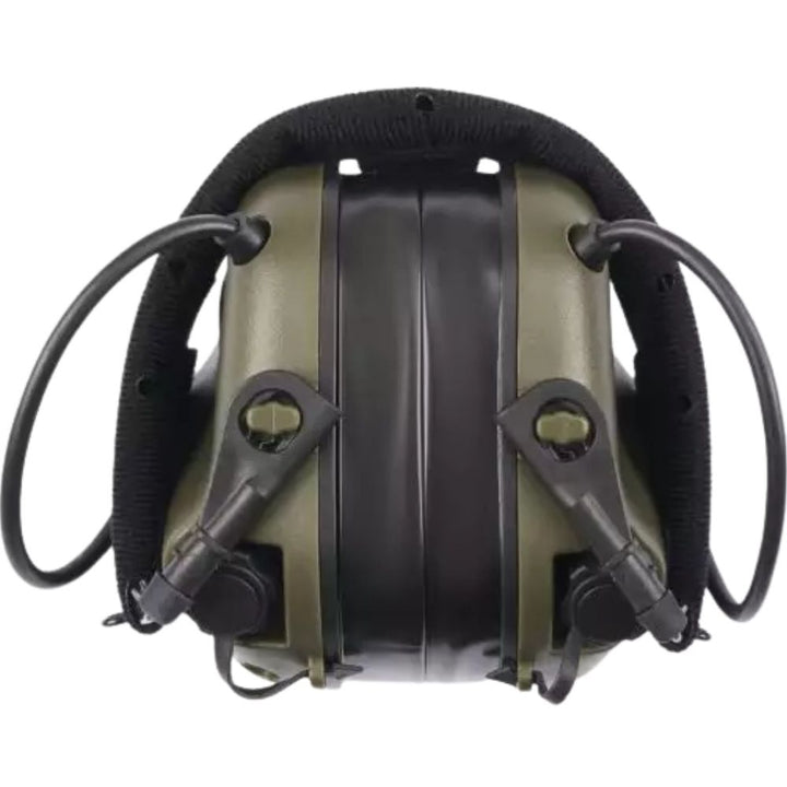 Earmor M31 Plus electronic hearing protection headset in foliage green, folded top view.