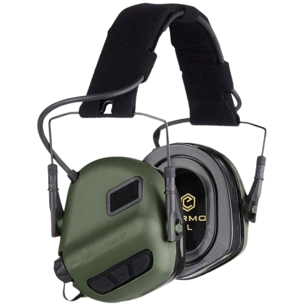 Earmor M31 Plus electronic hearing protection headset in foliage green, side angle view showing ear cups and headband.