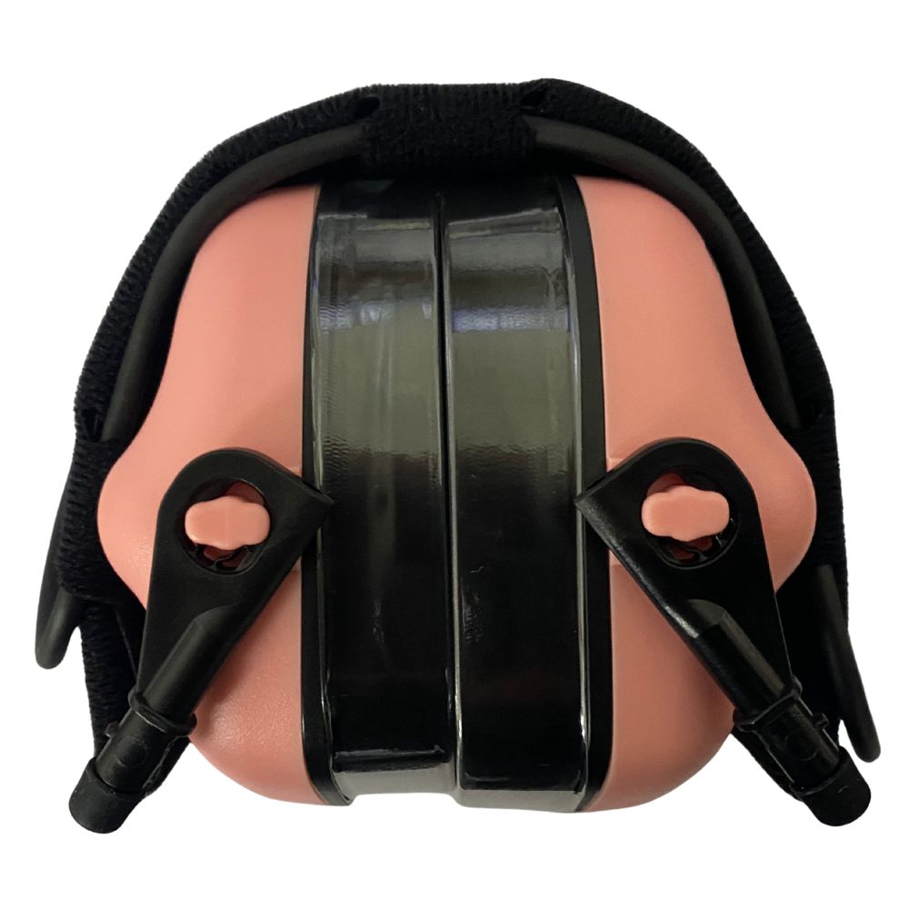 Earmor M31 Plus pink electronic hearing protection headset, front view with folded ear cups.
