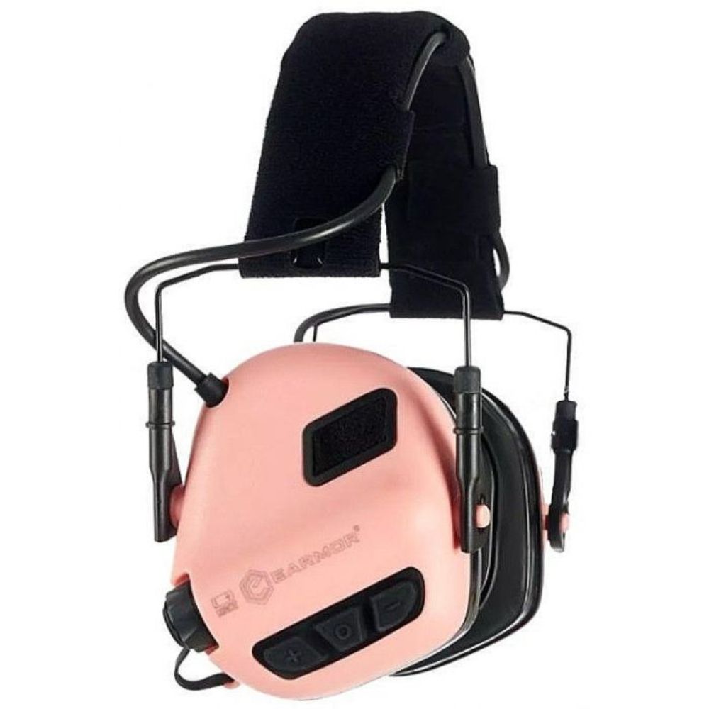 Earmor M31 Plus pink electronic hearing protection headset, side view showing controls and headband.