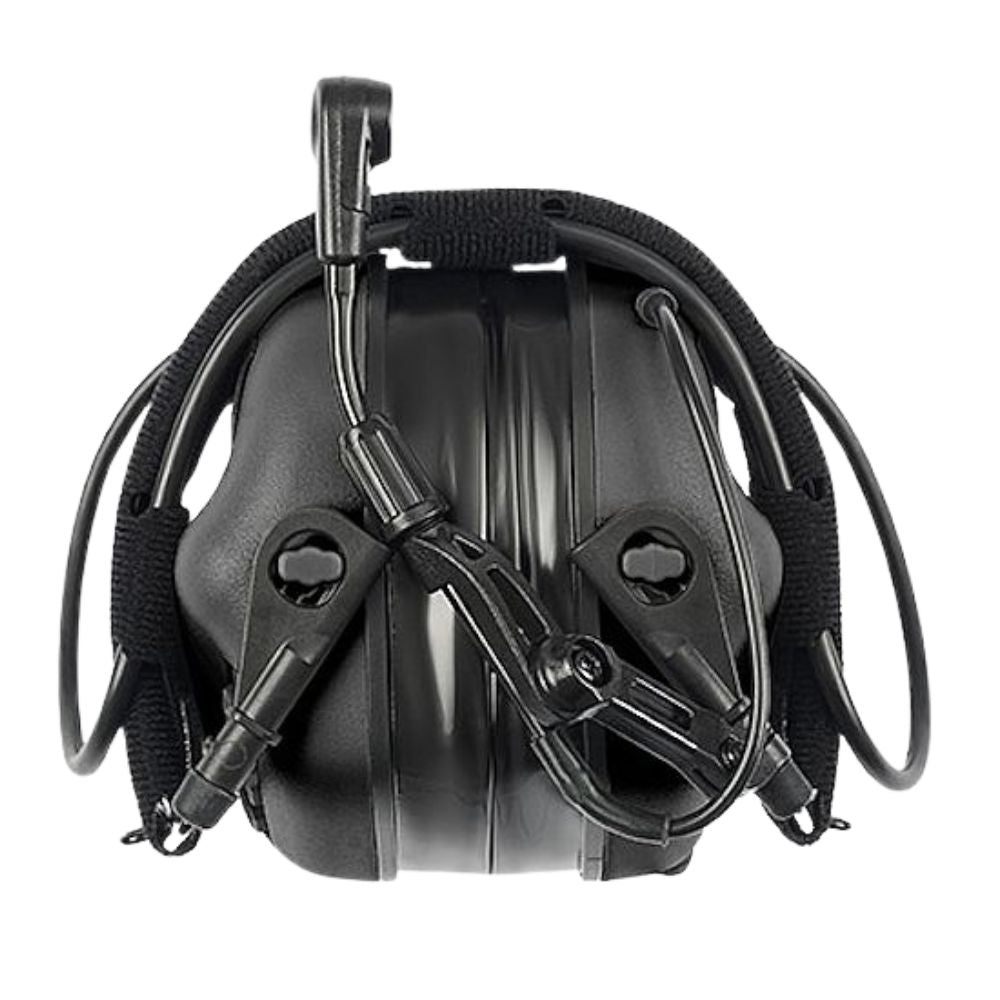 Earmor M32 Plus black tactical communication headset, folded for compact storage.
