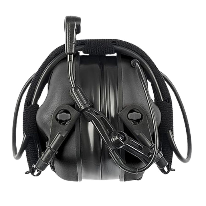 Earmor M32 Plus black tactical communication headset, folded for compact storage.
