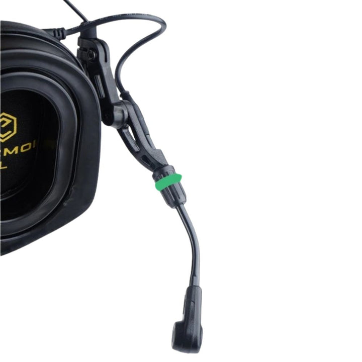 Earmor M32 Plus black tactical communication headset, close-up of adjustable boom microphone.
