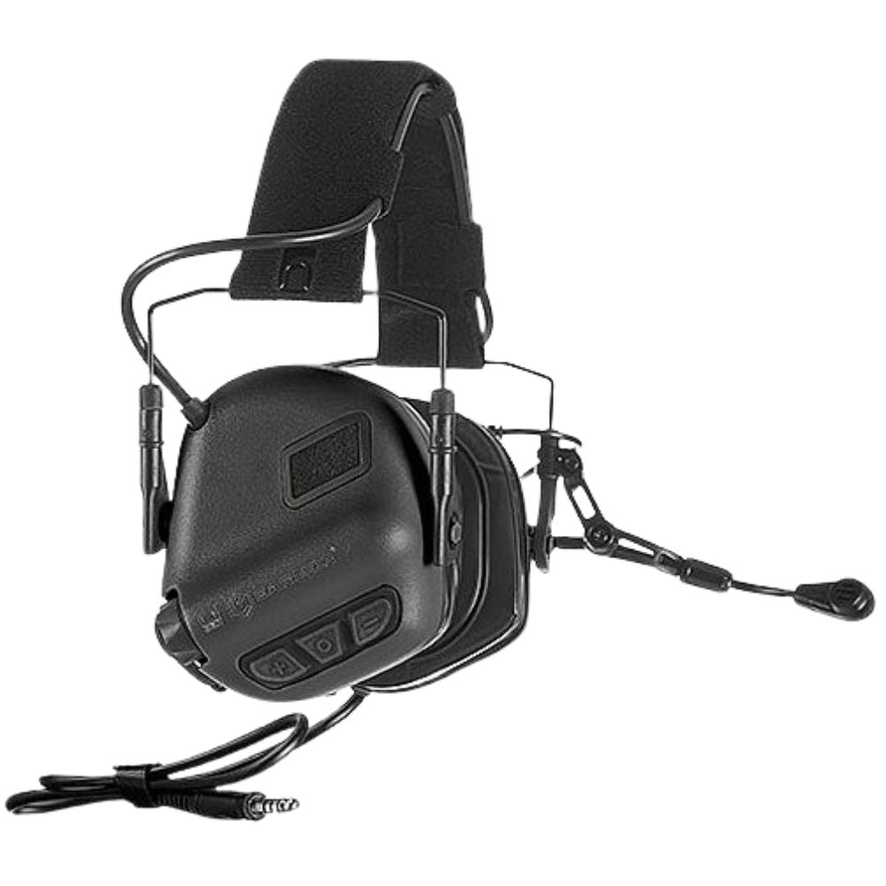 Earmor M32 Plus black tactical communication headset, side view showing microphone and control buttons.
