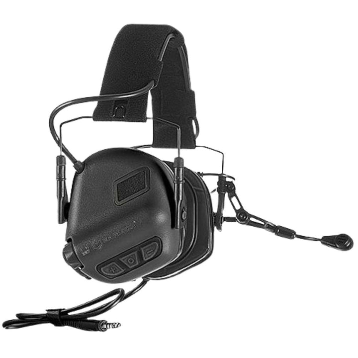 Earmor M32 Plus black tactical communication headset, side view showing microphone and control buttons.
