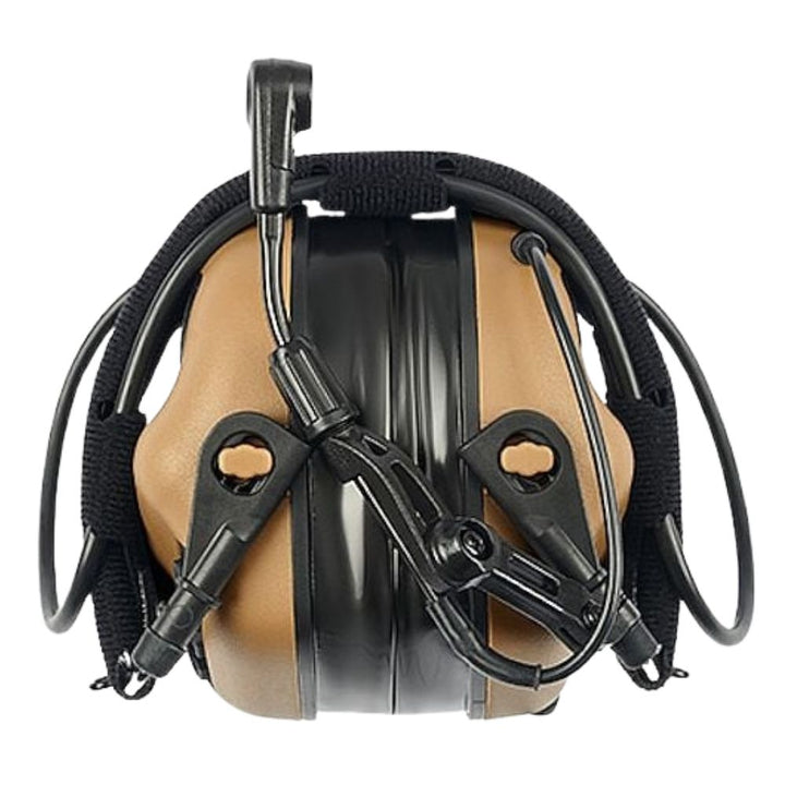 Earmor M32 Plus coyote brown tactical communication headset, folded for compact storage.
