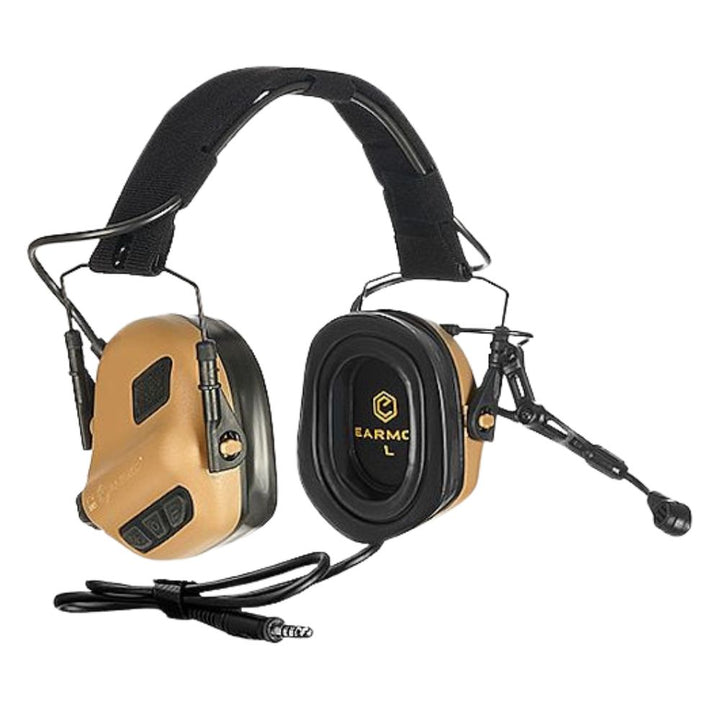 Earmor M32 Plus coyote brown tactical communication headset, side view showing boom microphone and ear cups.
