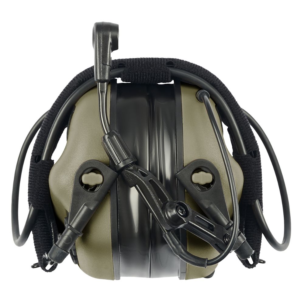 Earmor M32 Plus foliage green tactical communication headset, folded view showing boom microphone and ear cups.