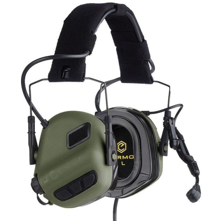 Earmor M32 Plus foliage green tactical communication headset, front angled view showing boom microphone and control buttons.
