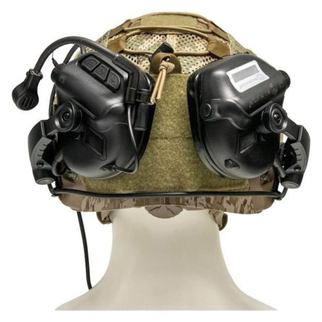 Rear view of the Earmor MilPro M32X Mark3 Noise Reducing Helmet Headset in black, showcasing its design and attachment on a helmet.