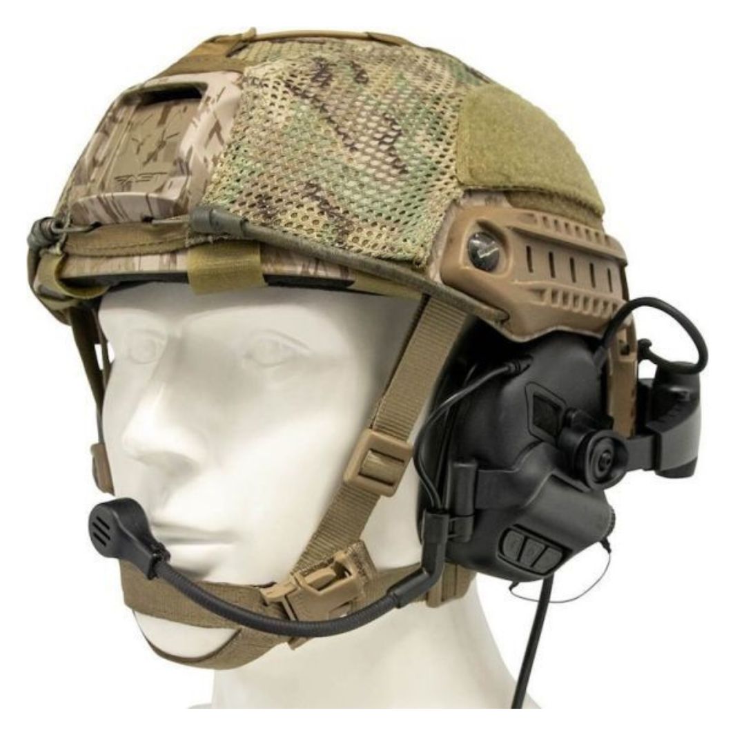 Front and side view of the Earmor MilPro M32X Mark3 Noise Reducing Helmet Headset in black, highlighting the microphone and ear protection design