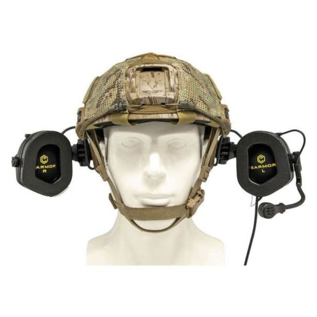 Earmor MilPro M32X Mark3 Noise Reducing Helmet Headset in black with open ear cups, showing the internal cushioning and tactical connectors.