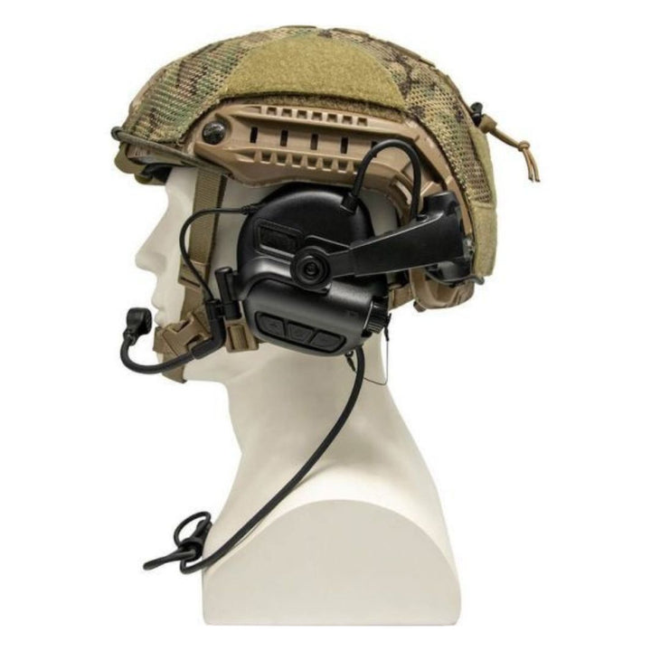 Side view of the Earmor MilPro M32X Mark3 Noise Reducing Helmet Headset in black, mounted on a helmet, with microphone and control buttons.