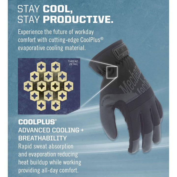 CoolPlus evaporative cooling material on Mechanix Wear FastFit Core3 glove for breathable performance
