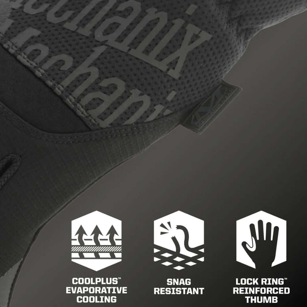Mechanix Wear glove technology icons for CoolPlus cooling, snag resistance, and Lock Ring thumb protection