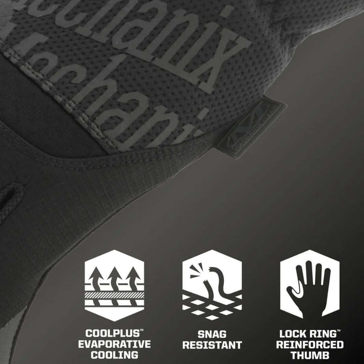 Mechanix Wear glove technology icons for CoolPlus cooling, snag resistance, and Lock Ring thumb protection