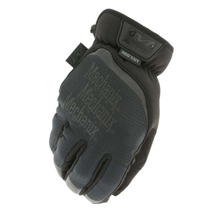 Top view of Mechanix FastFit D4-360 glove displaying embossed logo and 360° cut resistance badge