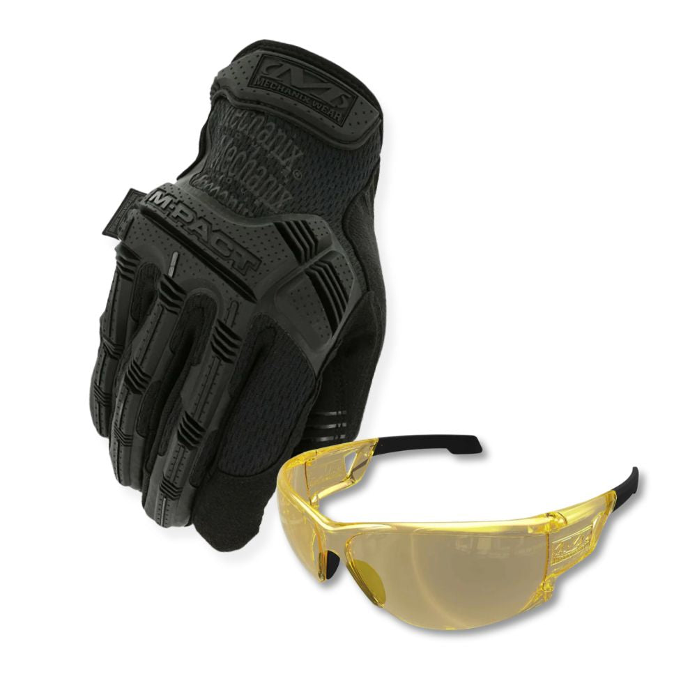 Mechanix M-Pact black tactical gloves and Type-N amber shooting glasses, front view