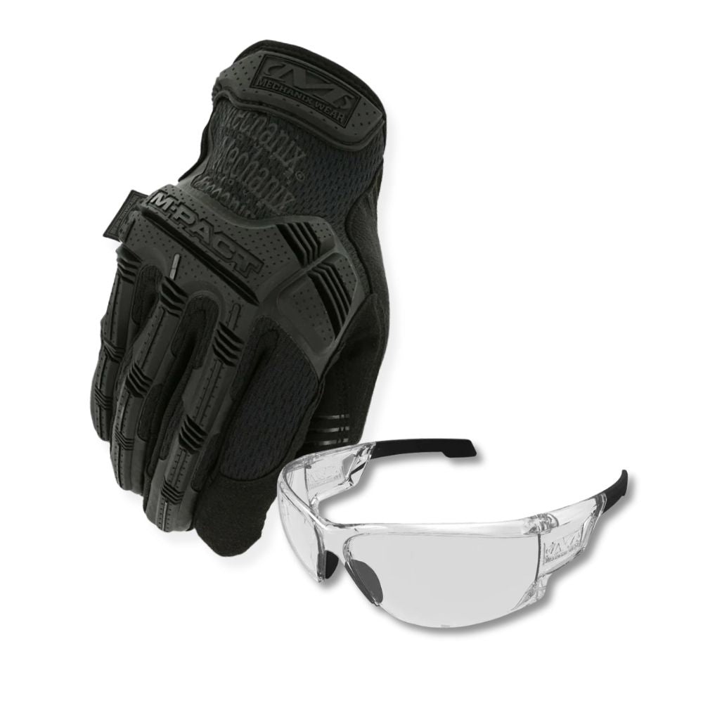 Mechanix M-Pact black tactical gloves and Type-N clear shooting glasses, front view
