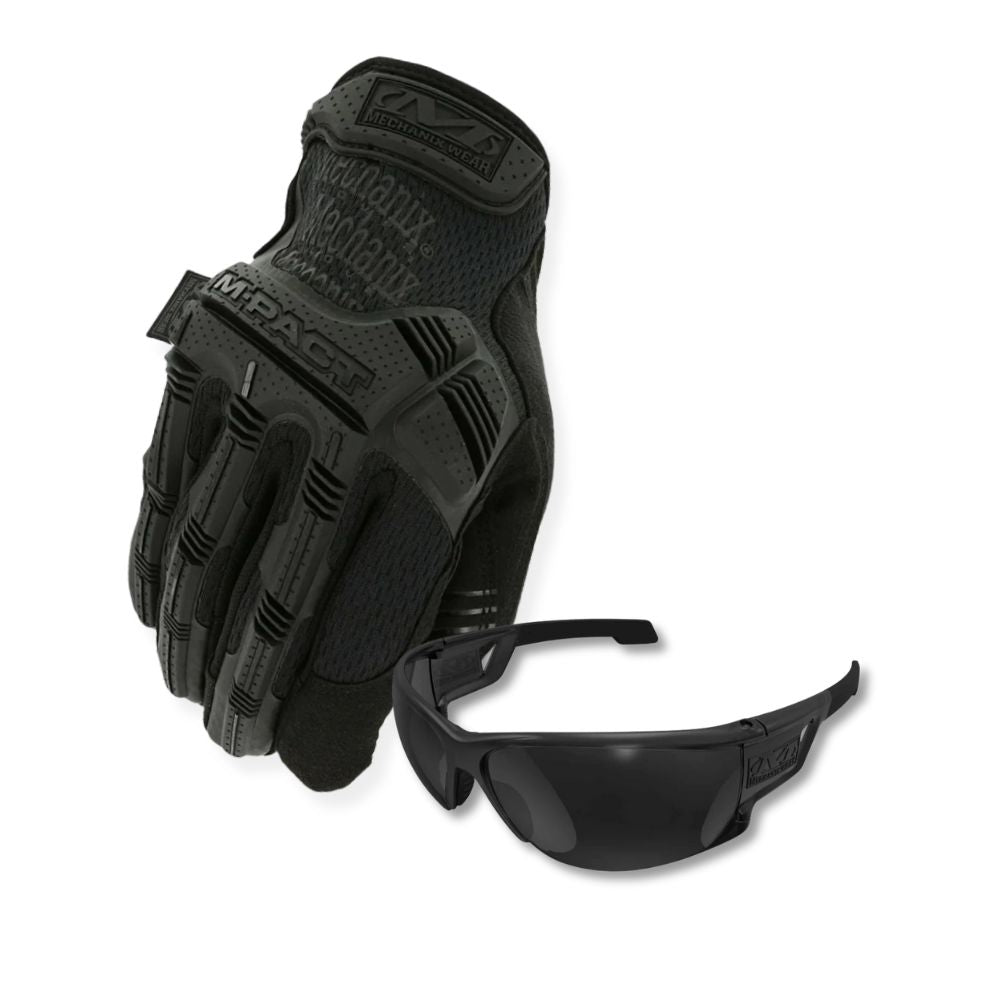 Mechanix M-Pact black tactical gloves and Type-N smoke shooting glasses, front view