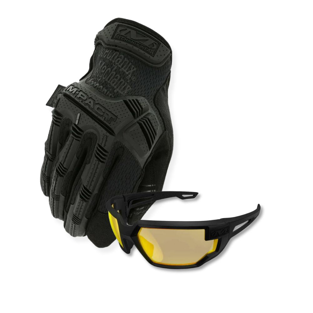 Mechanix M-Pact black tactical gloves with Type-X amber shooting glasses, front view
