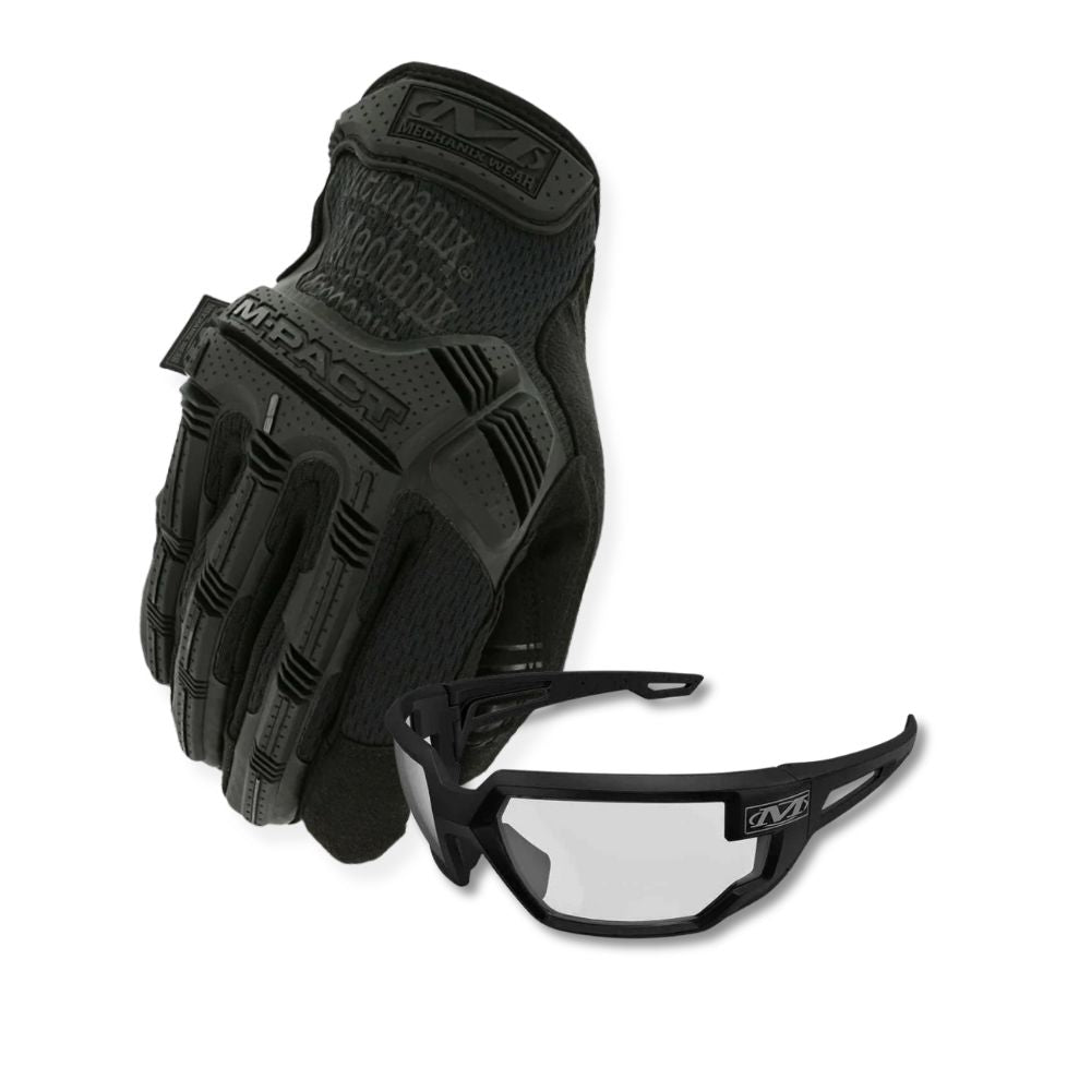 Mechanix M-Pact black tactical gloves with Type-X clear shooting glasses, front view

