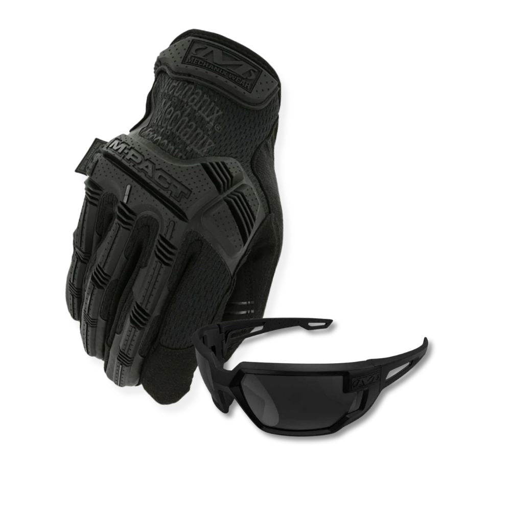 Mechanix M-Pact black tactical gloves with Type-X smoke shooting glasses, front view
