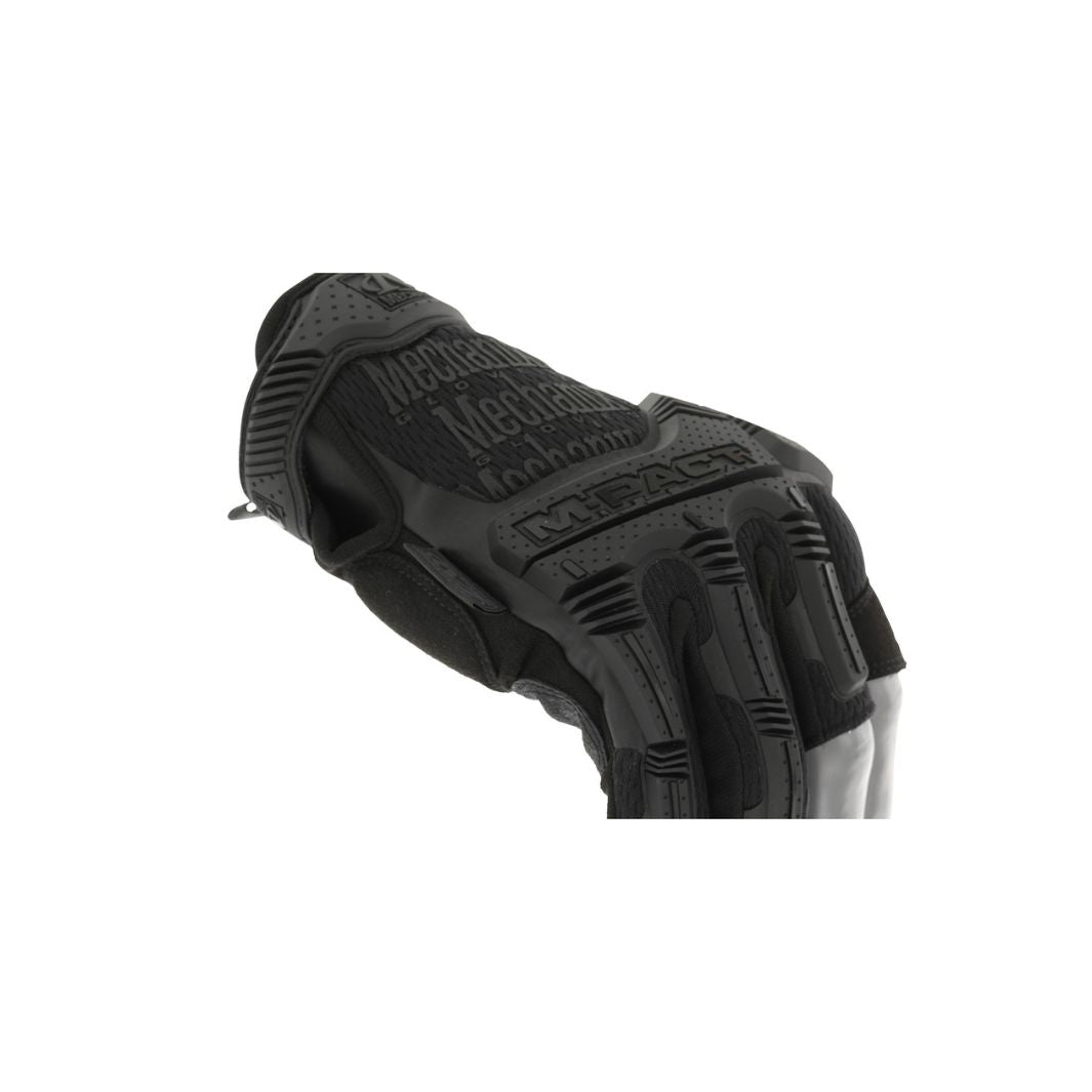 Mechanix MPF-55 M-Pact Trigger Finger glove in covert black showing backhand TPR protection and tactical build