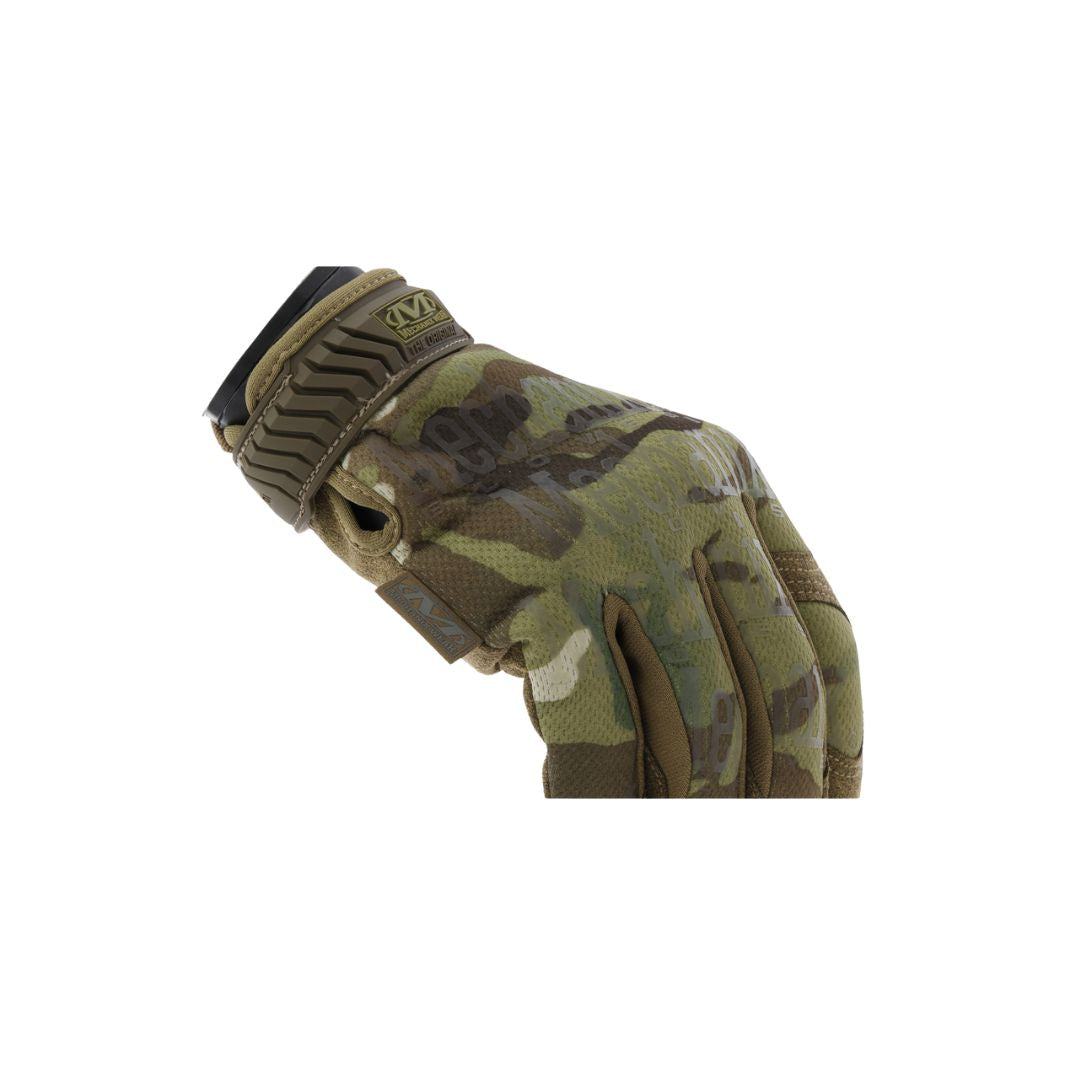Angled backhand view of Mechanix Original Multicam Glove with visible logo and camo fabric
