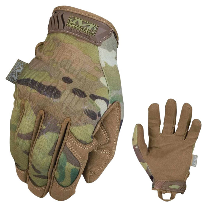 Dual view of Mechanix Original Multicam Gloves showing front camo and plain palm side