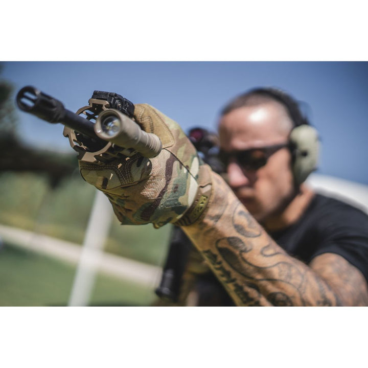 Mechanix Original Multicam Gloves gripping rifle from front angle with muzzle in focus