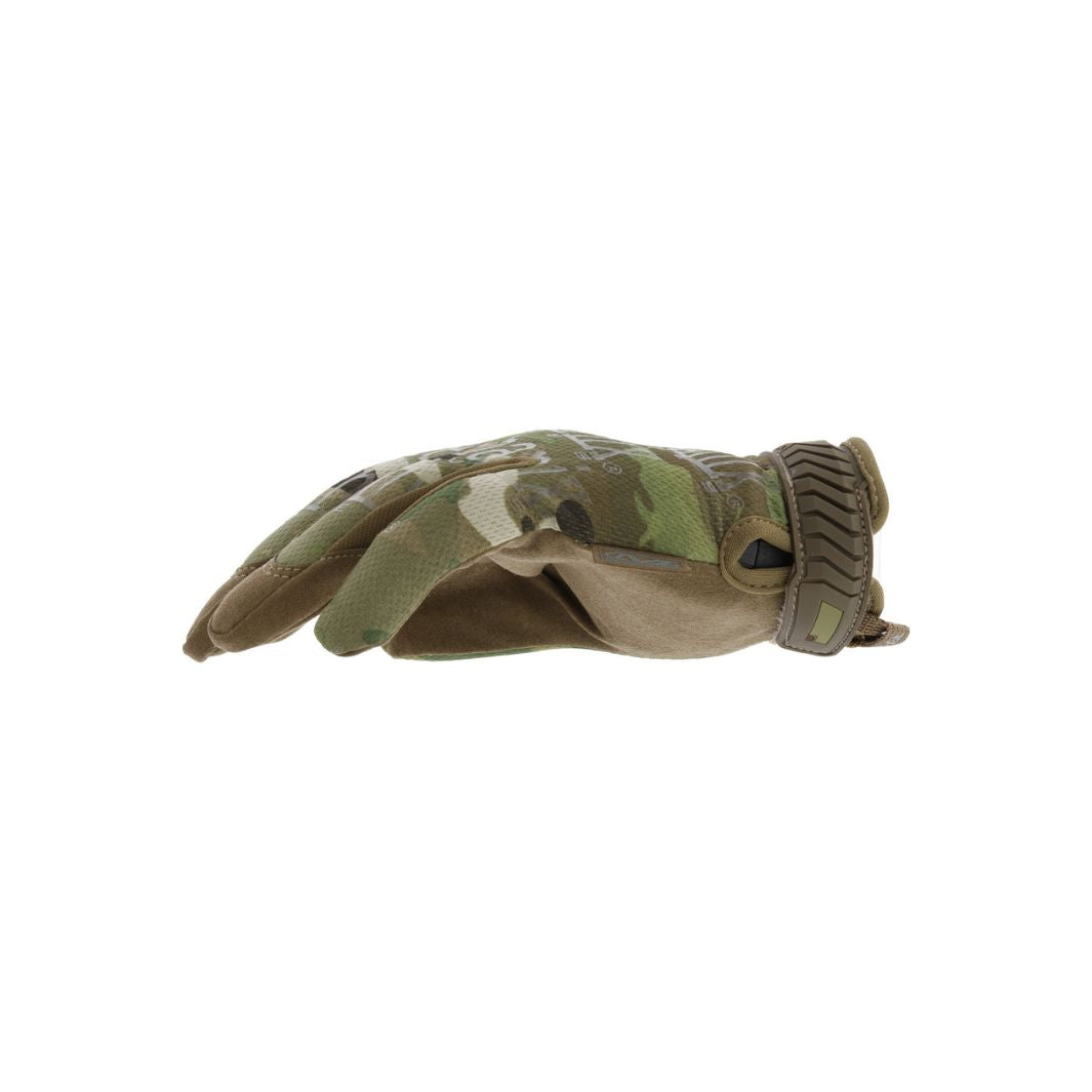 Low profile view of Mechanix Multicam Gloves with hook and loop cuff and breathable top