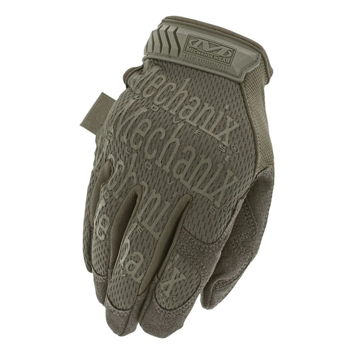 Top view of Mechanix Original OD Green glove featuring embossed logo and thermoplastic rubber closure