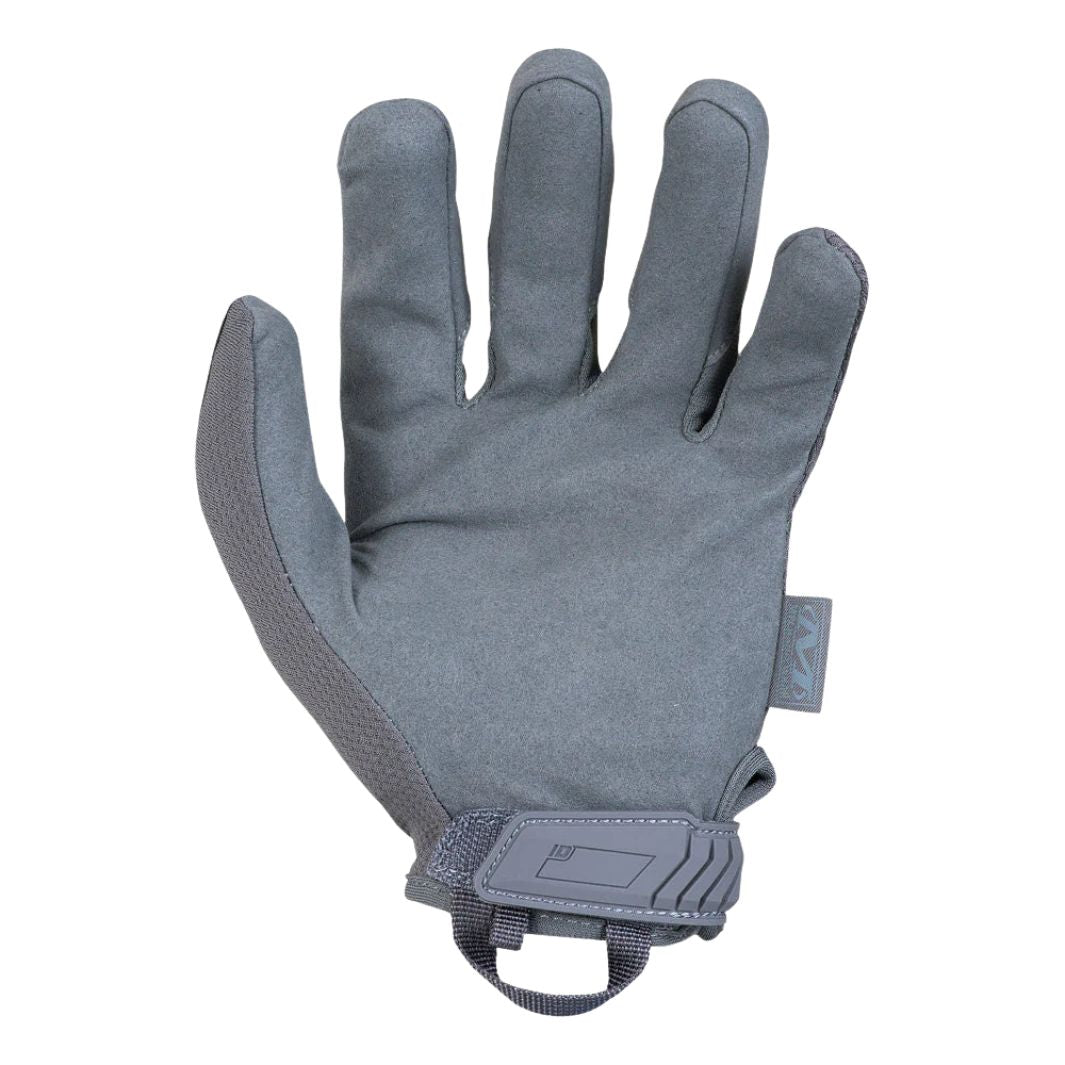 Flat palm view of Mechanix Original Wolf Grey Glove with synthetic suede grip surface