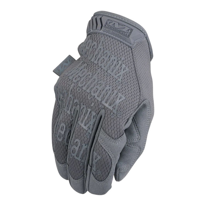 Mechanix Original Wolf Grey Glove showing breathable mesh back and embossed branding